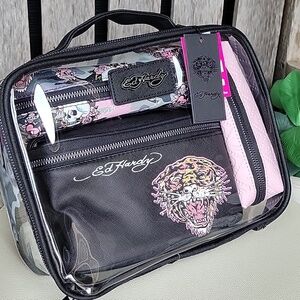 Ed Hardy Tiger Clear Cosmetic Bag Set in Black and Pink Set Of 4